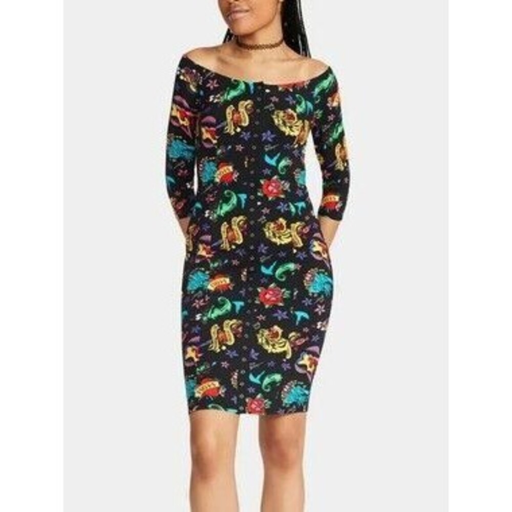 Betsey Johnson Black Tattoo Print off-the-shoulder midi dress XL